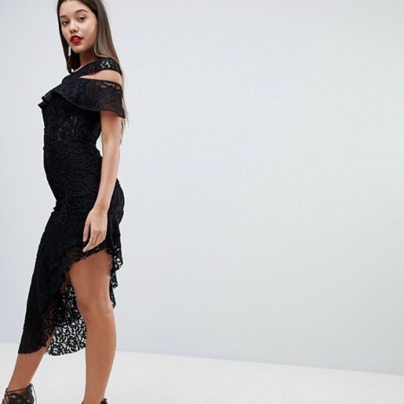 cold shoulder asymmetric lace bodycon midi dress - Picture 4 of 4